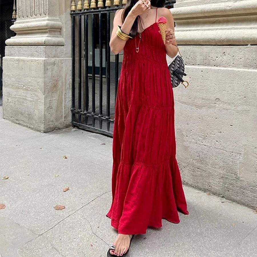 

Womens Spring New Arrivals Elegant Fashion Solid Color Casual Strappy Maxi Dress M красный