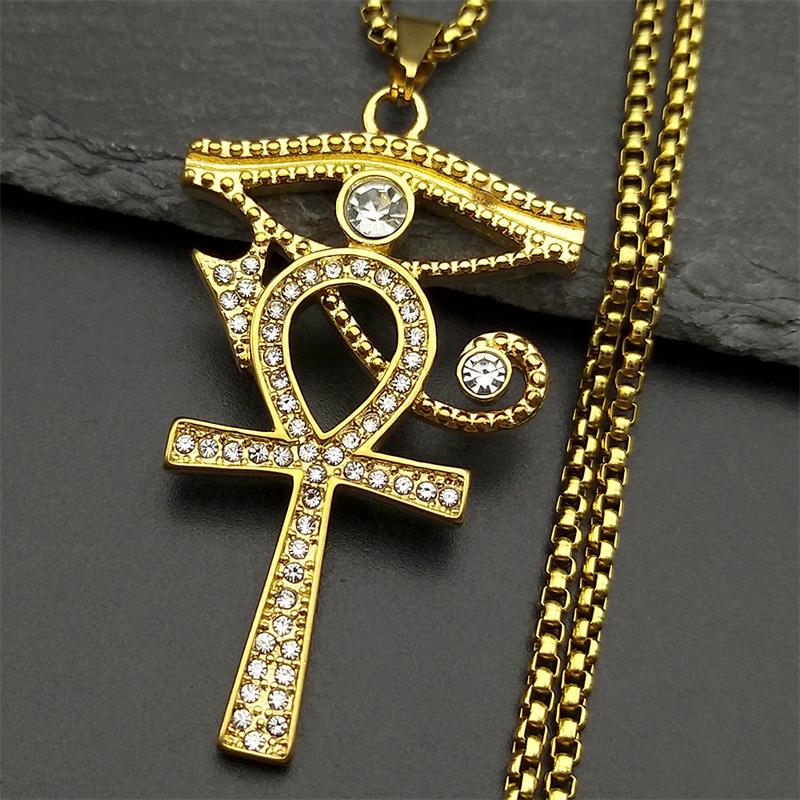 Stal nierdzewna Oko Ra Horus Ankh Krzyż Łańcuszek Naszyjniki Męskie Statement Mitologia Dżety Egipskie Oczy Symbol Biżuteria