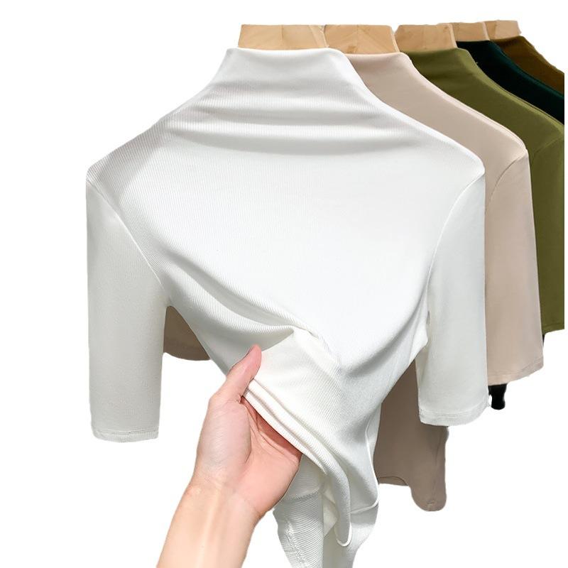 Thread Base Shirt for Women New Women's Clothing, Semi-high Neck Solid Color T-shirt, Temperament, Five-point Sleeve Top