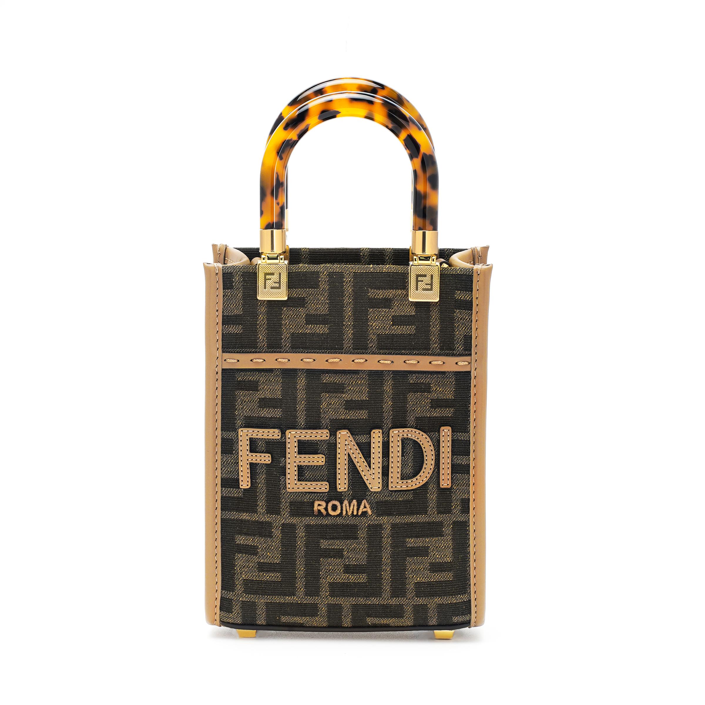 Fendi Sunshine Verstelbare Afneembare Schouderriem Logo Jacquard FF Patroon Mini Schouder Crossbody Handtas Dames handtas Bruin 8BS051-AQ0W-F1GE3 Basic Set (Bag+Dust Bag)