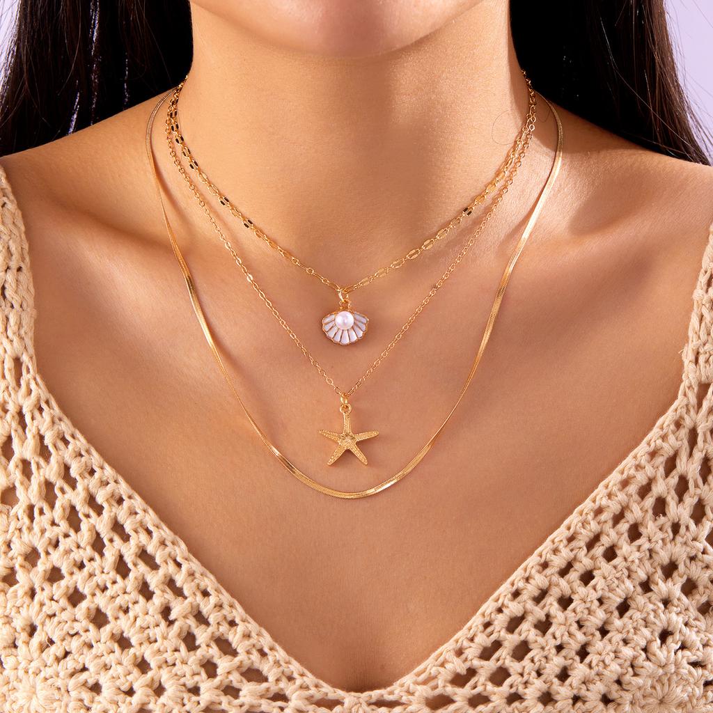 Ocean Style Imitation Pearl Starfish Shell Necklace for Women Trendy Conch Flower Pendant Necklace Beach Jewelry Vacation Gift
