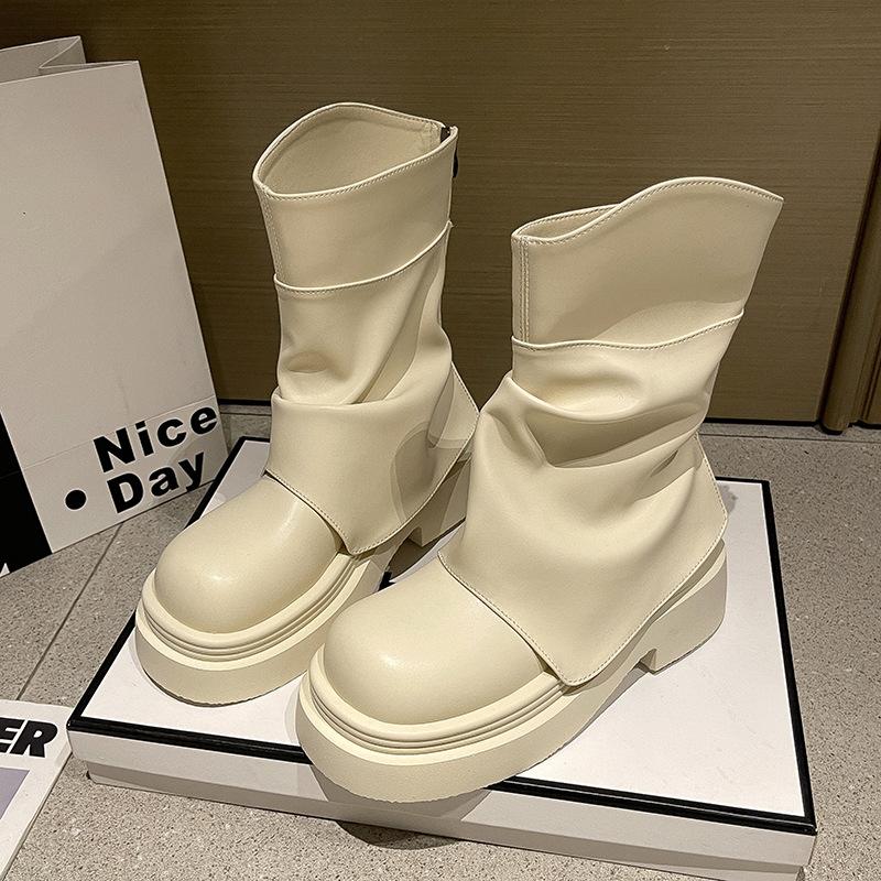 2025 New Autumn White Martin Boots Women's Small Thick-soled Heightening Retro Trouser Boots British Short Boots