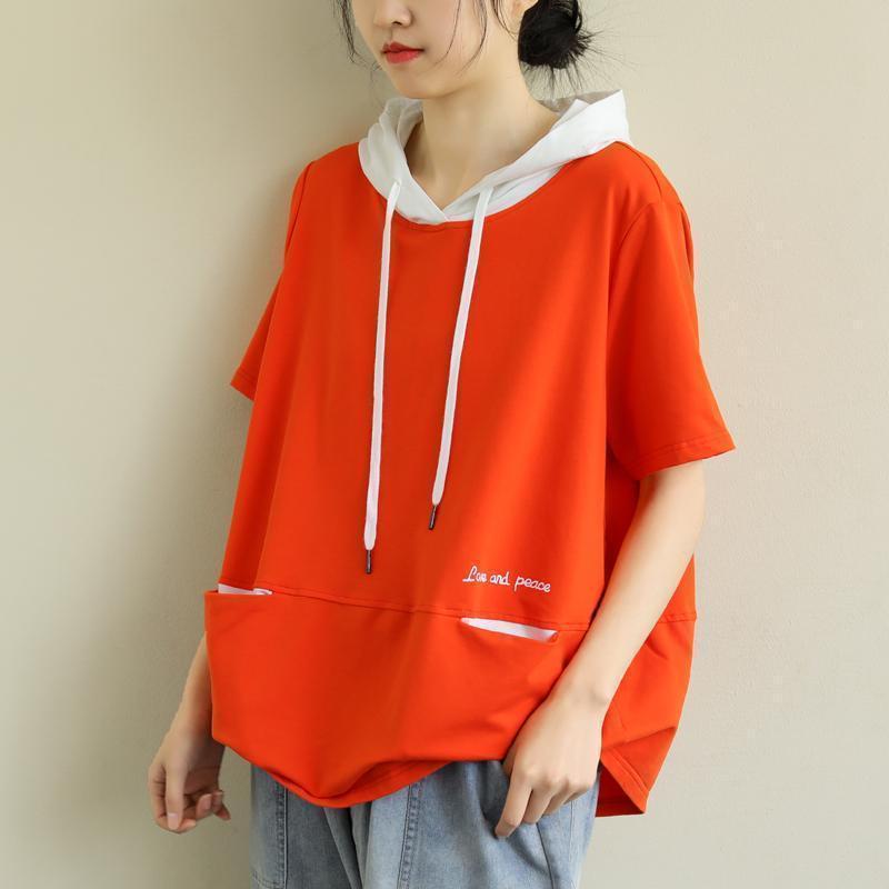 Women's Summer New Hooded Collar Pullover Fashion Artistic Style Contrast Pocket Panel T-shirt Loose Versatile Short Sleeve Tops