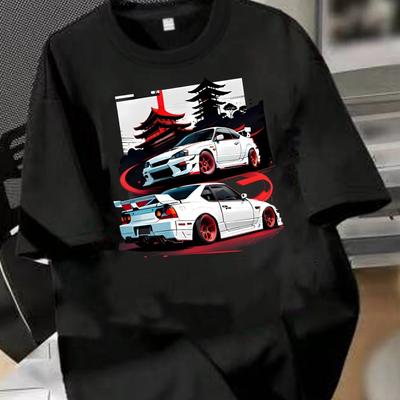 Architecture and White Car Art Pattern Round Neck Women T-shirt Fashion Printing Half-sleeve Shirt Elastic T-shirt