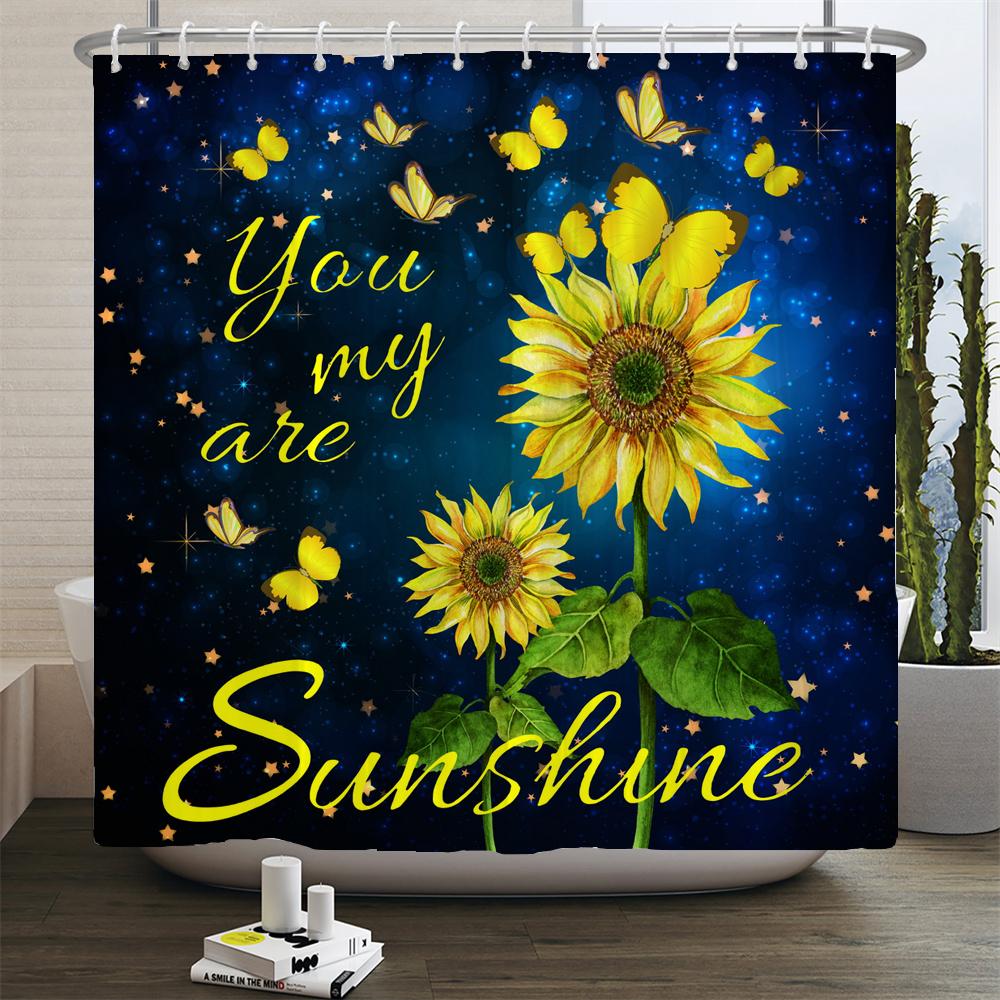 Magic Sunflower Butterfly Shower Curtain Sets Black Yellow Art Country Flower Bathroom Decor Curtains Bath Mats Rug Toilet Cover