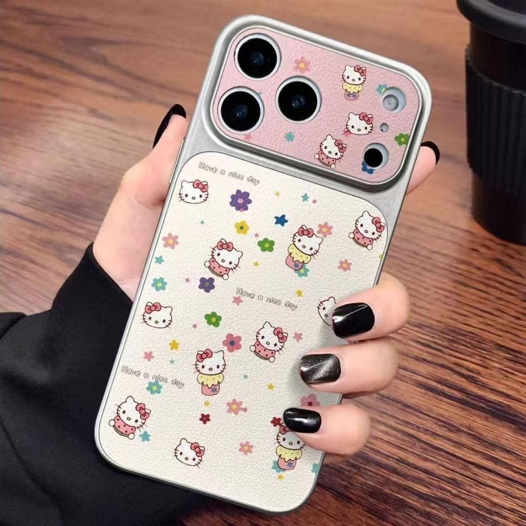 Hello Kitty Floral Full-Coverage Phone Case for Apple 17 Pro Max with Silver Frame and Corning Shell