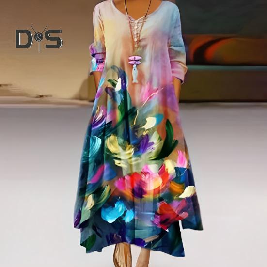 Frühlings- und Herbstkleid mit Taschen, Vintage-Blumendruck, V-Ausschnitt, unregelmäßiger Lagensaum, lockeres A-Linien-Maxikleid für die tägliche Arbeitsparty