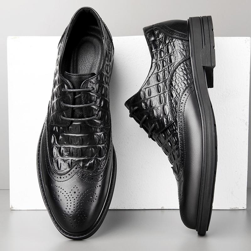 Fashion Crocodile Pattern Mens Brogues Shoes Classic Retro Male Genuine Leather Oxford Shoes Lace Up Business Shoes Formal Office Flats