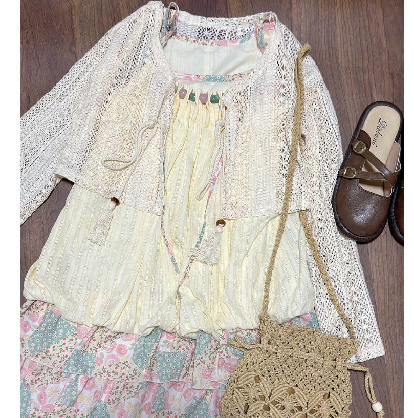 Island Style Tulip Dress with Pink and Green Floral Patchwork, Ruched Straps, Loose Fit - Women's 2025 Model