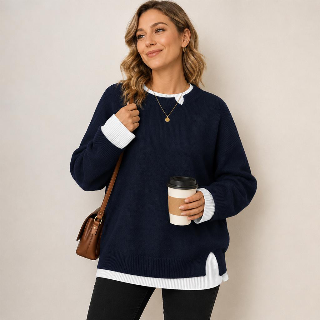Women's Double Layer Collar Knit Pullover Sweater