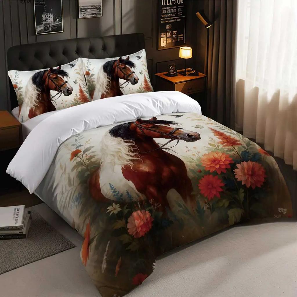3-teiliges Bettwäscheset mit Pferdemuster, geeignet für Teenager- und Erwachsenenschlafzimmer, 1*Bettbezug+2*Kissenbezug, für Einzelbett