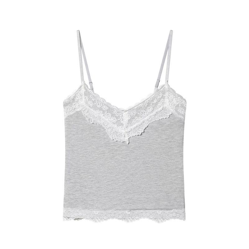 Lace Trim Double-Layer Camisole for Women - Elegant V-Neck Slim-Fit Sleeveless Top S светло-серый