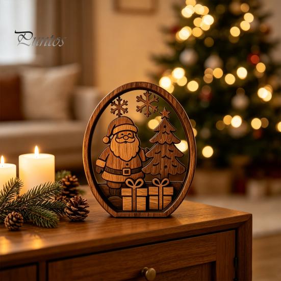 Holiday Desktop Decorations 3Pcs Christmas Santa Claus And Tree Ornaments, Wooden Oval Table Natural Wood Crafts Centerpiece, Solid Ornament for Home