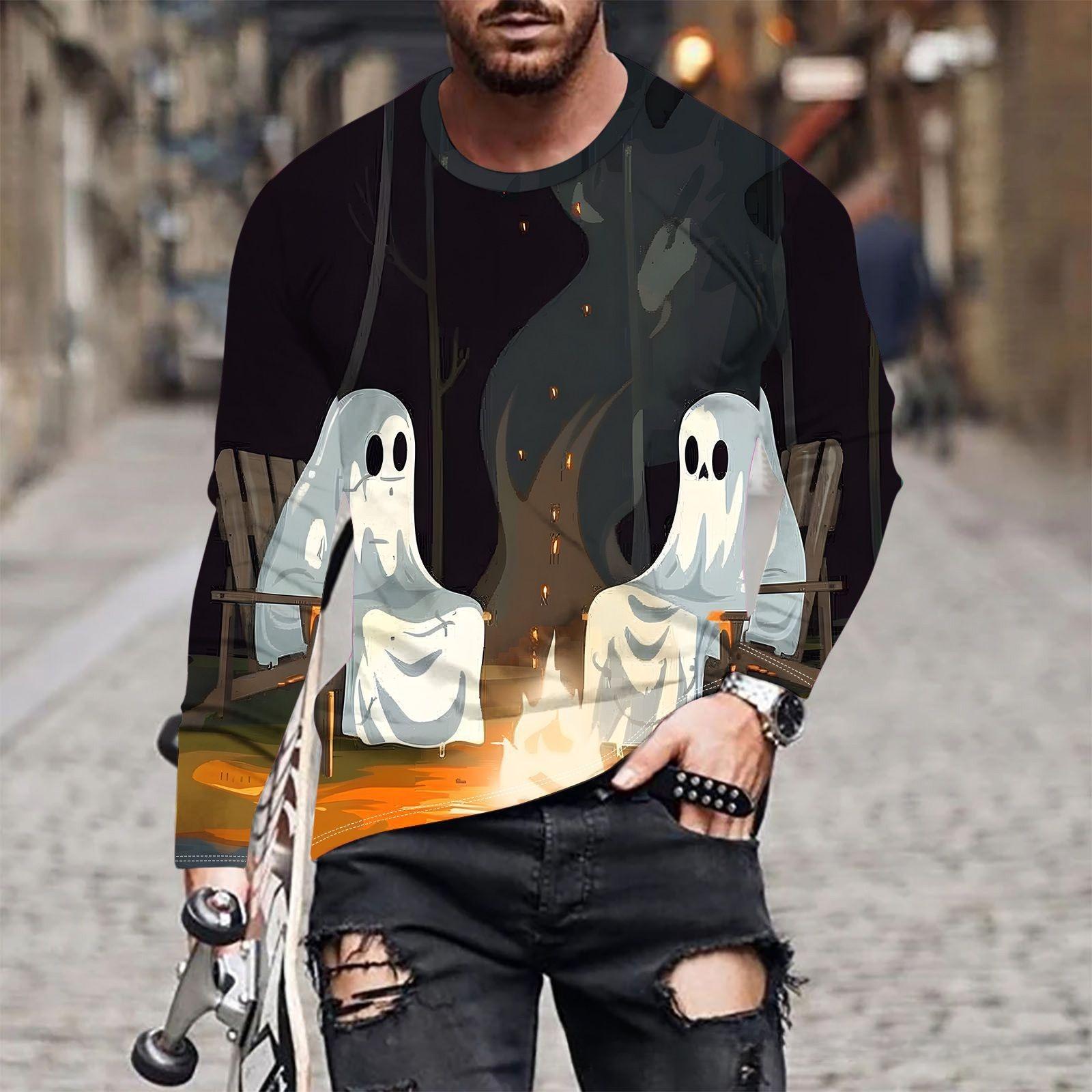 

Мужская футболка с длинным рукавом и круглым вырезом с новым принтом Ghost Осень Зима Свободная Удобная Модная Футболка S чёрный