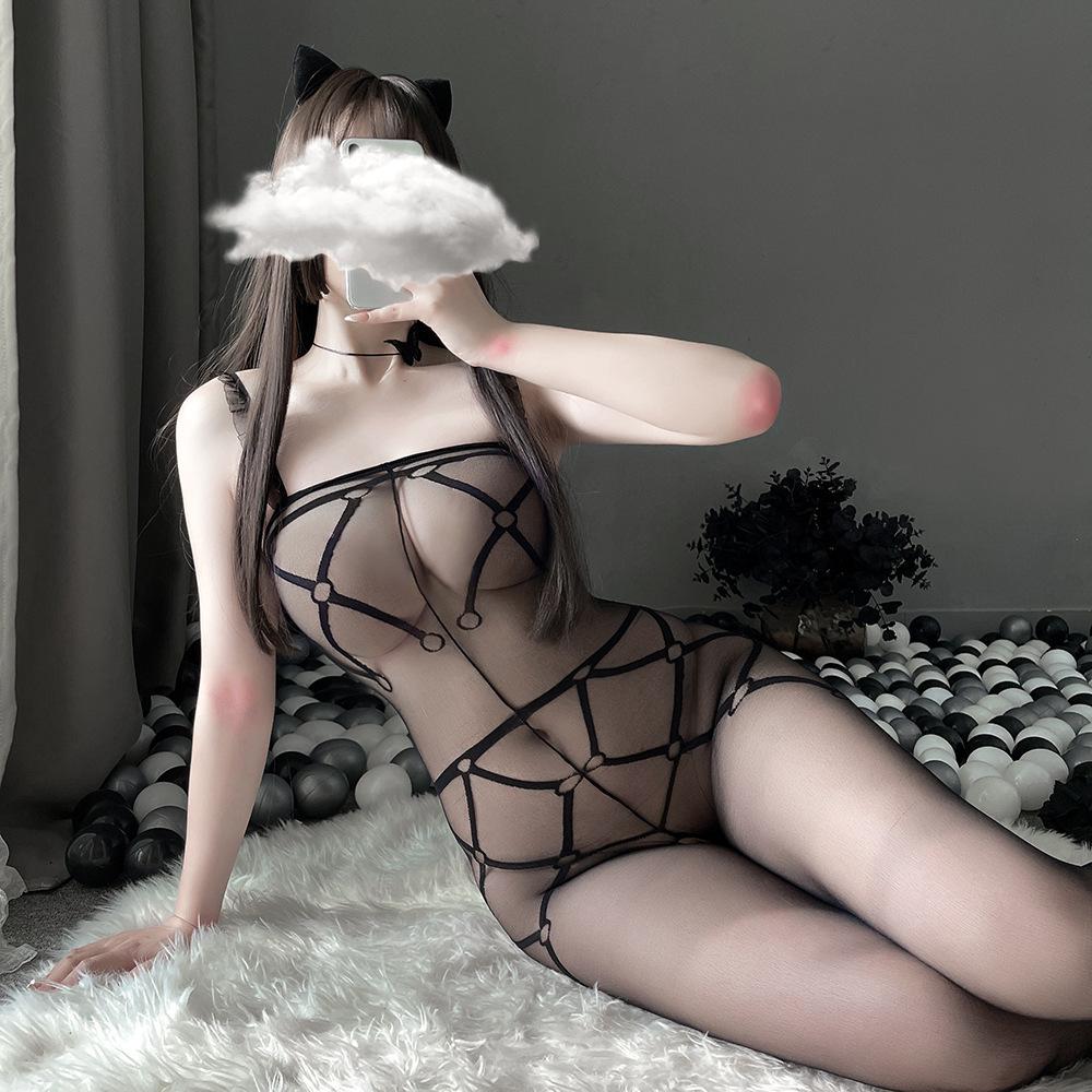 Damen Transparent Schwarz Offener Schritt Strumpfhose Body Dessous Jumpsuit