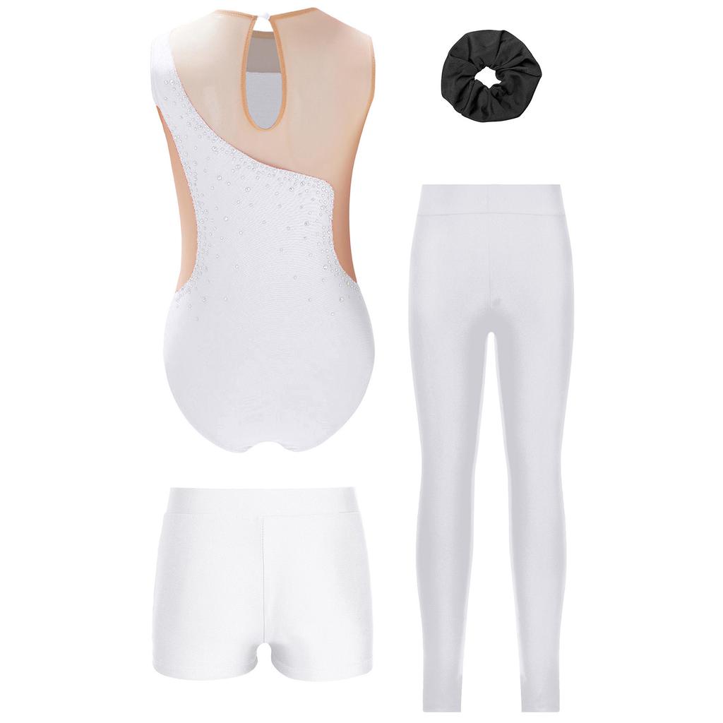 Mädchen Glitzer Strass Turnen Leotard Set Bund Shorts Leggings Kopfbedeckung Eiskunstlauf Outfit