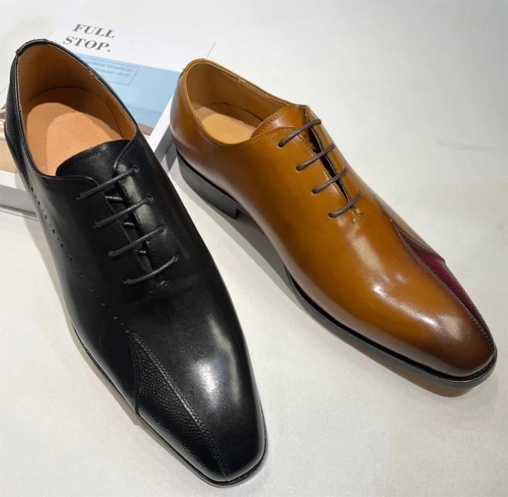 High Quality Men's Formal Shoes Genuine Leather Luxury Party Wedding Men's Shoes Lace-up Pointed Toe Brown Oxford Business Shoes