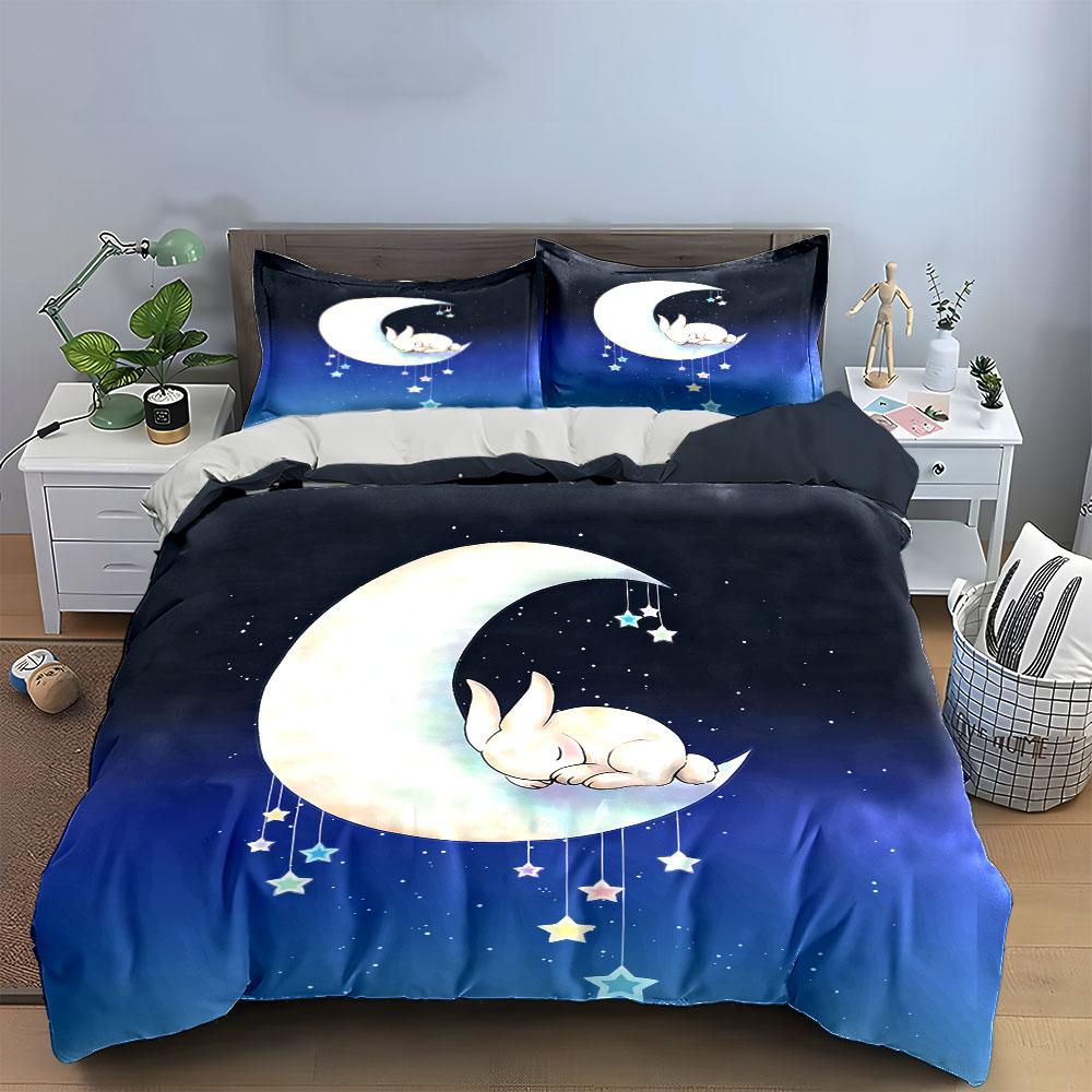 Sleeping Bunny Moon Decor Set Soft Comfortable Duvet Cover Bedding Set Included 1*Duvet Cover & 2*Pillowcases, Gift