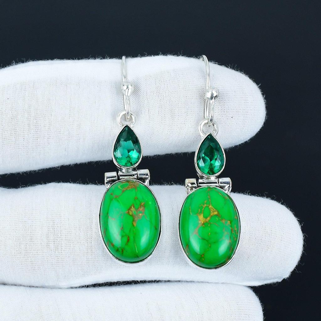Green Copper Turquoise & Green Apatite Earrings, 925 Sterling Silver Earrings, Antique Gemstone Jewelry, Dangle Drop Earrings For Women's