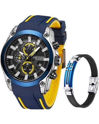 Męski Zegarek Sportowy MEGIR, Modny Chronograf, Wodoodporny Mechanizm Kwarcowy, Codzienny Zegarek na Rękę z Datownikiem i Silikonowym Paskiem, Niebiesko-Żółty, 2021.