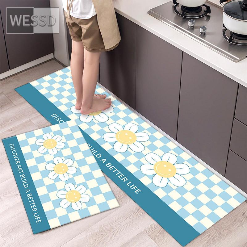 Tegneserie sjakkbrett Solblomst kjøkkenmattesett Søt løpeteppe til hjemmet Absorberende Anti-skli Vaskbare baderomsmatter 40x60cm 40x120cm 2 stk.