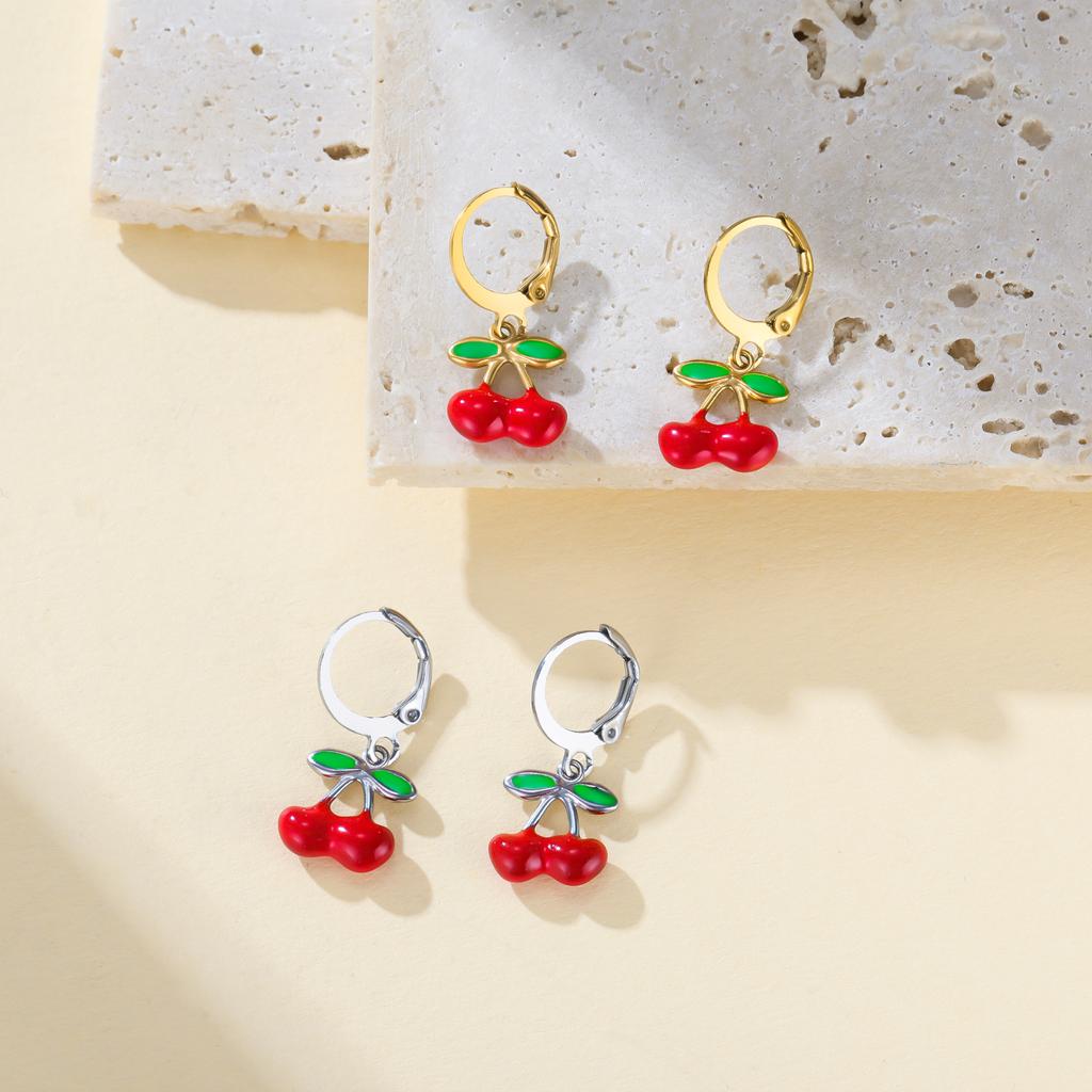 Teamer Enamel Cherry Earrings Stainless Steel Hoop Earring For Women Fashion Sweet Style Summer Jewelry Birthday Gifts 2026 New