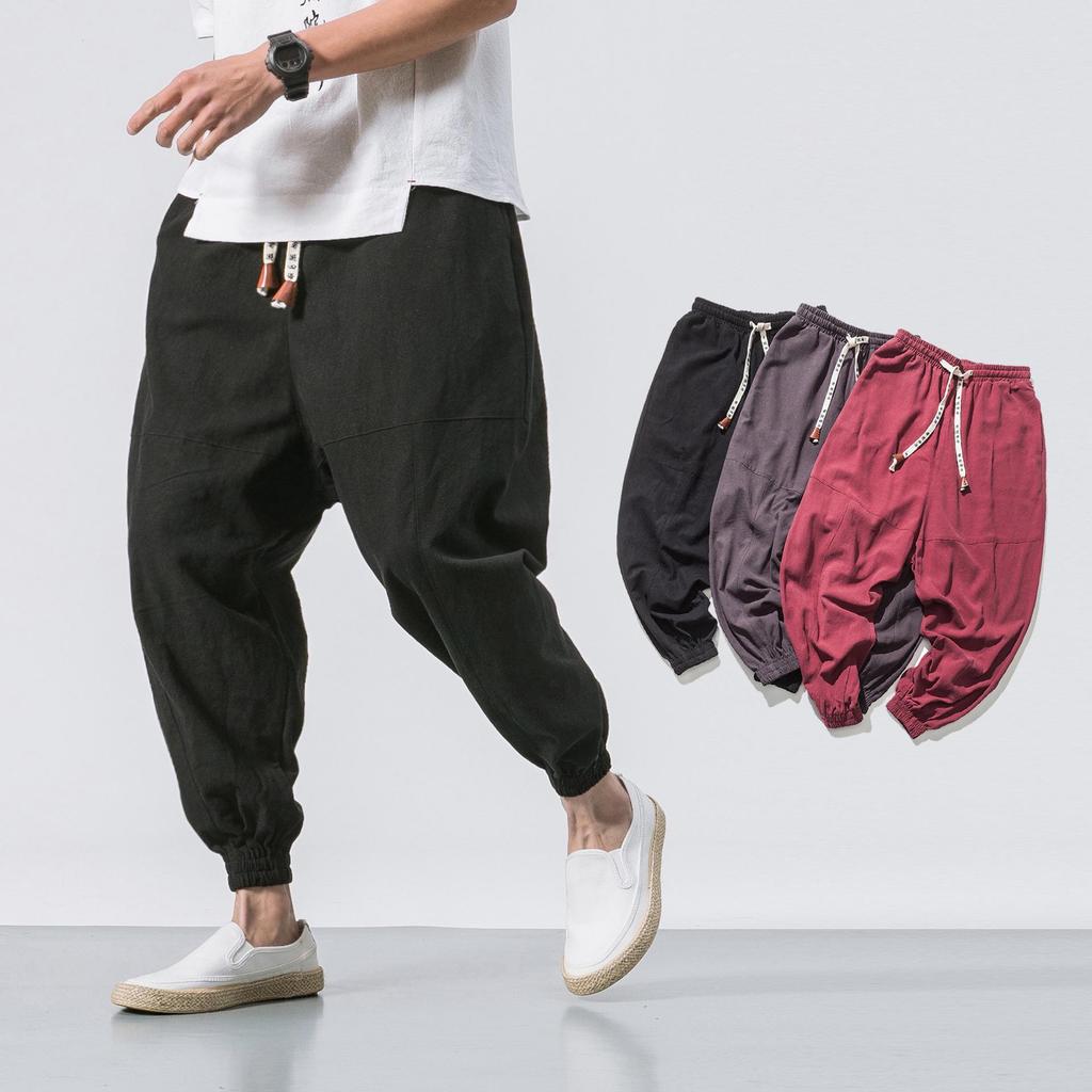 2022 Men's Loose Linen Ankle-Length Drawstring Trousers - Youthful Spring/Summer Style, Plus Size, Solid Color.