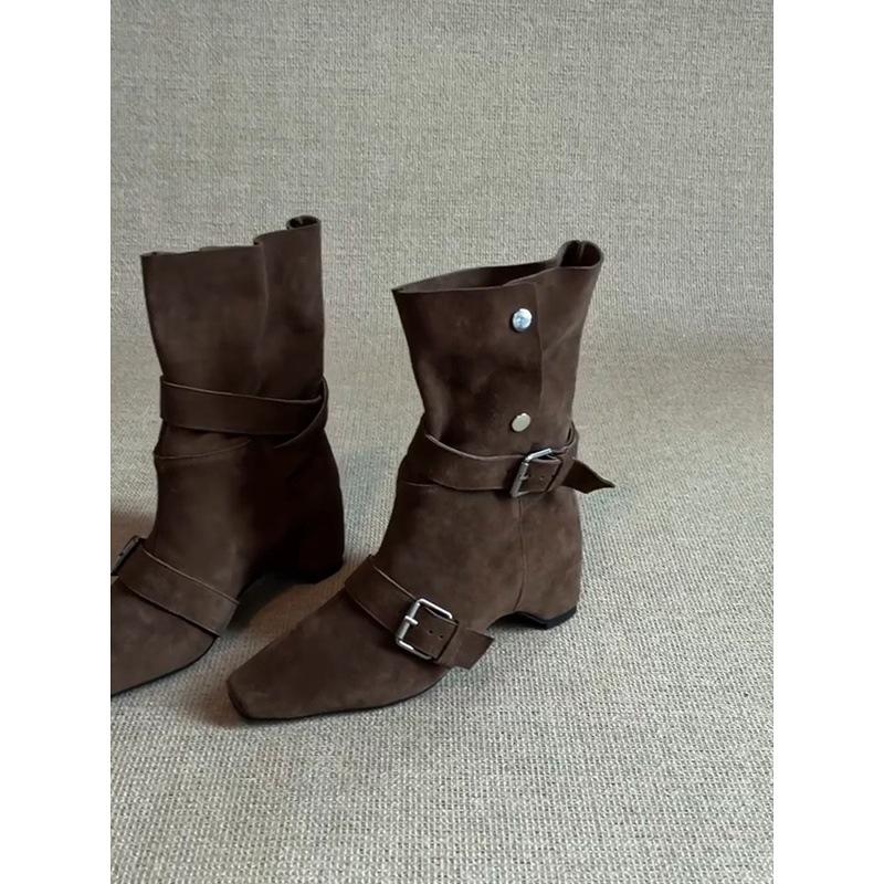 Koeienhuid versie~ retro mat leer temperament binnenhoogte verhoging western cowboylaarzen dames niche nieuwe gesp korte laarzen