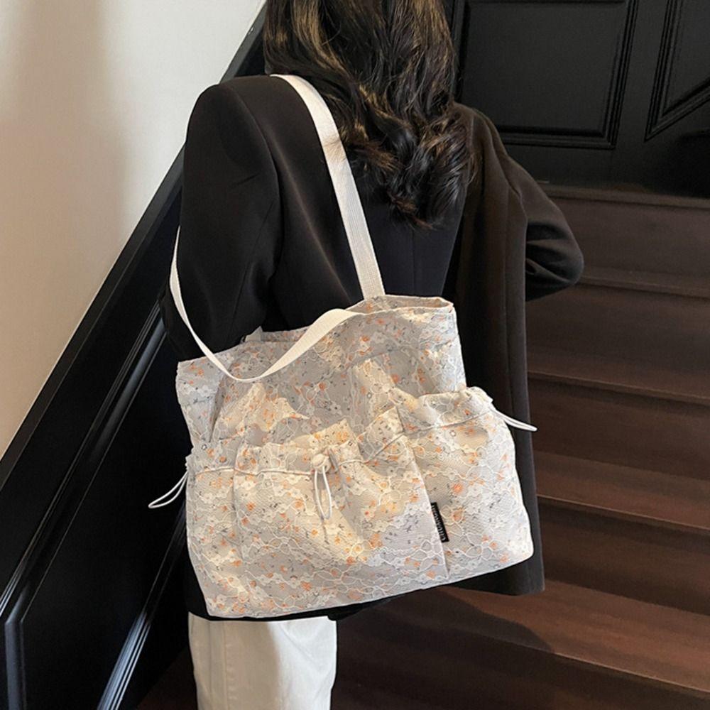 Sweet Harajuku Aesthetic Handbag Large Capacity Korean Style Floral Tote Bag Cloth Underarm Drawstring Shoulder Bag Streetwear