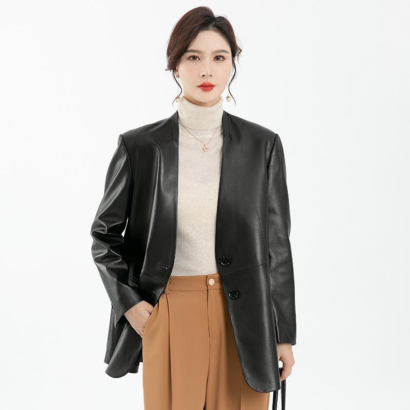 

Женские куртки из натуральной кожи, новые женские кожаные куртки с V-образным вырезом из кожи растительного дубления, женские топы средней длины в европейском стиле XL