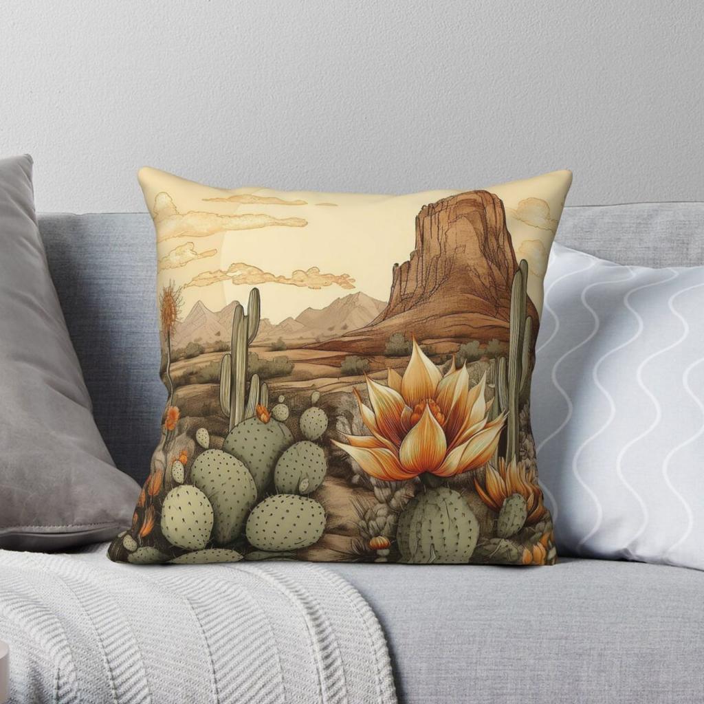 Western Desert Blooming Cactuses Pillowcase Polyester Linen Velvet Pattern Zip Decor Bed Cushion Cover