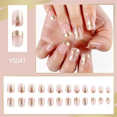 24Pcs Acrylic Press On Nail with Gold French Tips Designs Short Square False Nail Artificial Nail for Easy Application