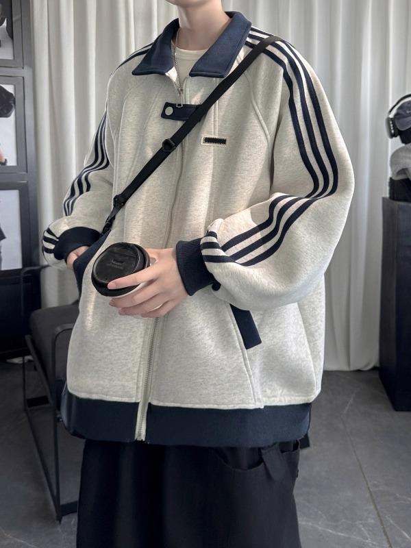 American College Style Plus Size Striped Hoodie - Unisex Casual Loose Cardigan