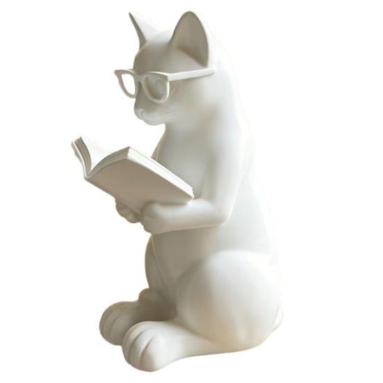 3D Printed Reading Cat Figurine Cute Reading Book Cat Statue with Glasses Collectible Animal