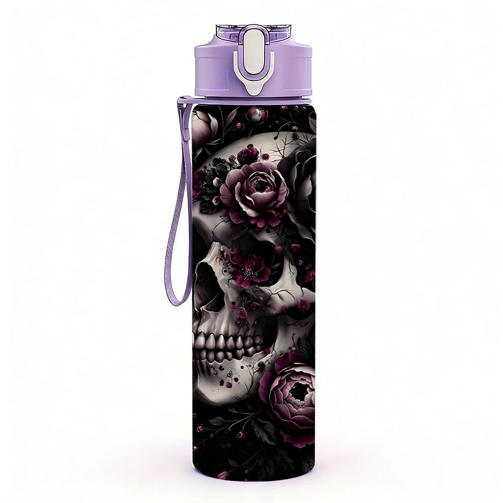 1PC Dark Skull Rose Mystic Gothic Art Print 750ml Color Plastic Sports Water Bottle Leakproof Flip Straw Lid Suitable for Sports Office Home Use