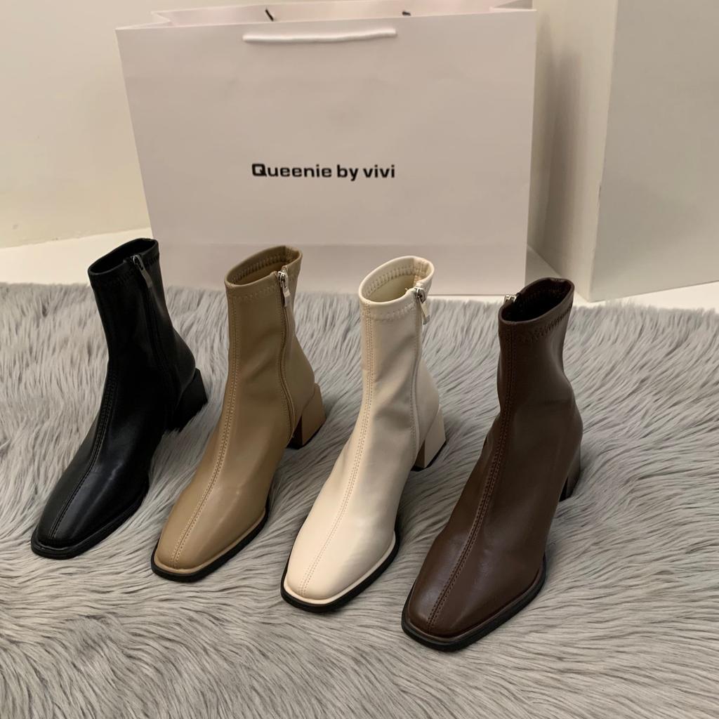 White High Heel Square Head Skinny French Small Leather Boots Women's Shoes 2024 New Spring and Autumn Single Boots Brown Martin Boots