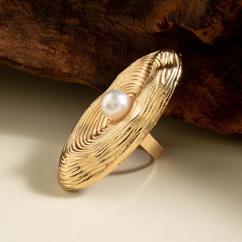 Vintage Gold Color Imitation Pearl Flower Open Rings For Women Exaggerated Metal Irregular Geometric Finger Rings Jewelry