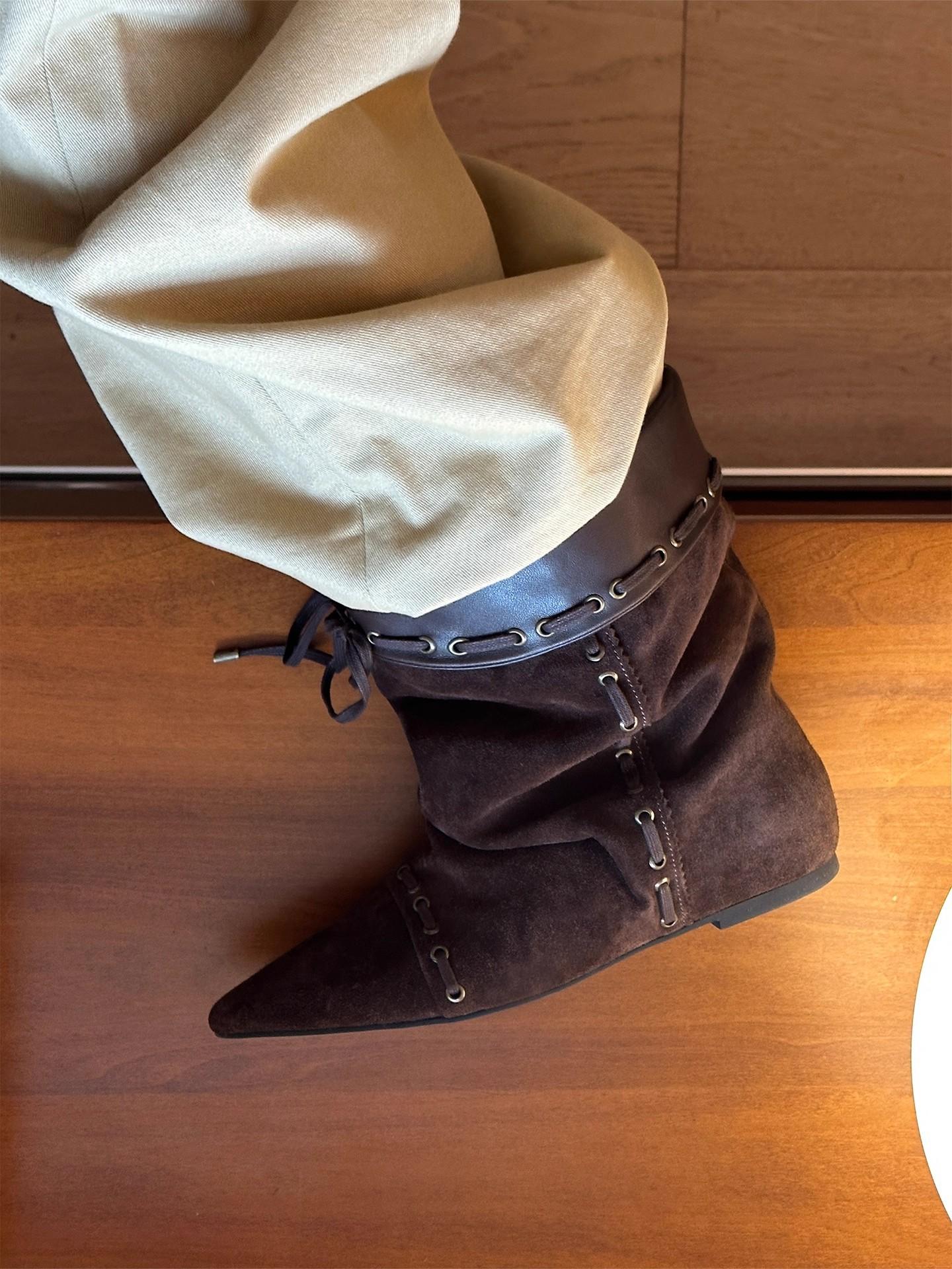 

Sheepskin version retro suede pointed boots inner height increasing strap design niche short boots slim temperament female knight boots 40