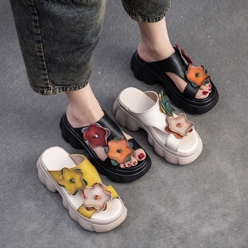 Zapatillas de cuero genuino a la moda con suela gruesa y punta abierta para exteriores, zapatos de plataforma para mujer