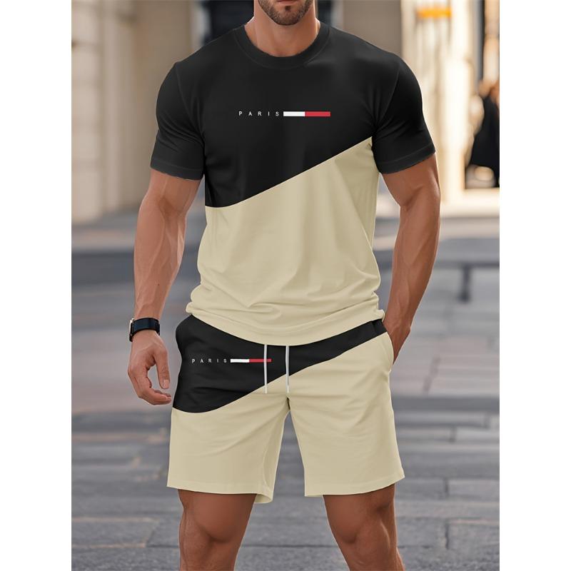 Summer Men's Stripe Letter Print Short Sleeve Top Shorts 2 Pieces Set Oversized Loose Round Neck T-shirt Man Drawstring Shorts