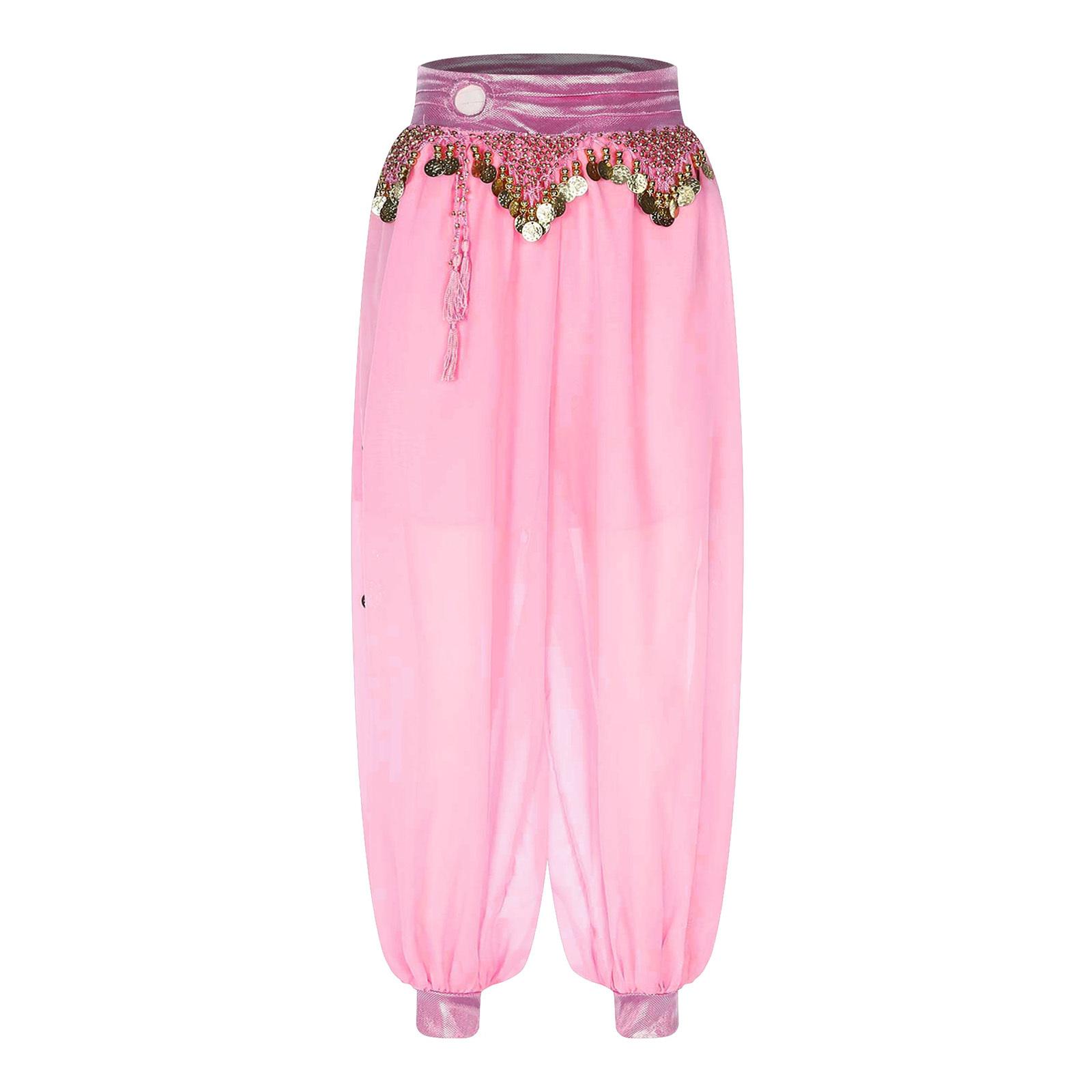 

Жіночий костюм для танцю живота шифонові шаровари пластикові намистини китиці металічний драпірований пояс розріз збоку