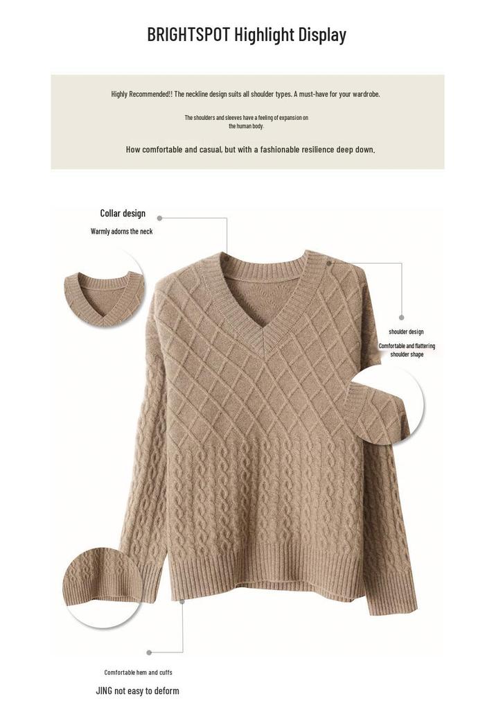 Women's Pure Wool V-Neck Pullover Sweater - Stylish Loose Fit, New for Autumn/Winter 2023