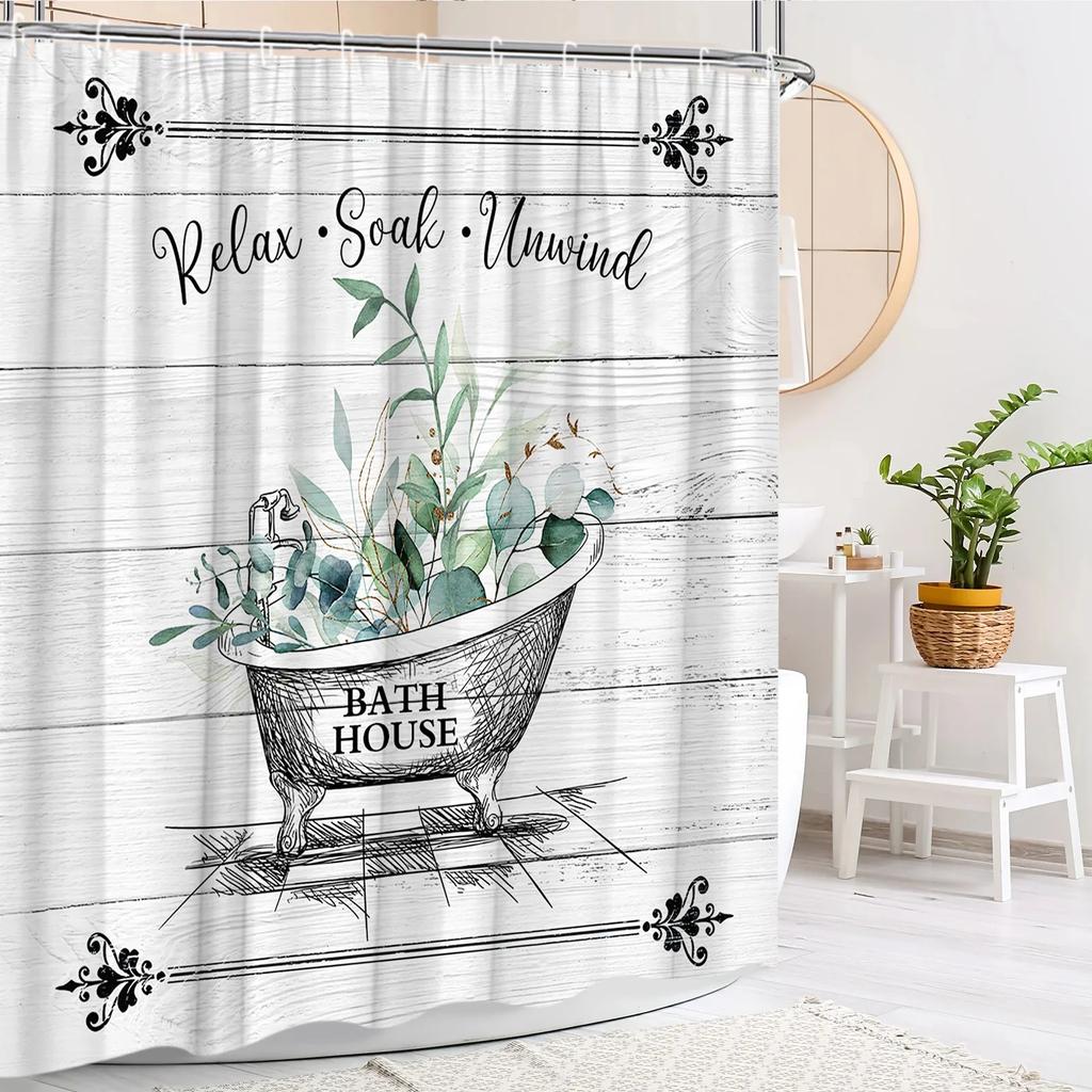 Floral Shower Curtain Purple Lavender Farm Green Leaf Butterfly Rustic Wood Panel Modern Polyester Fabric Bathroom Decor Curtain