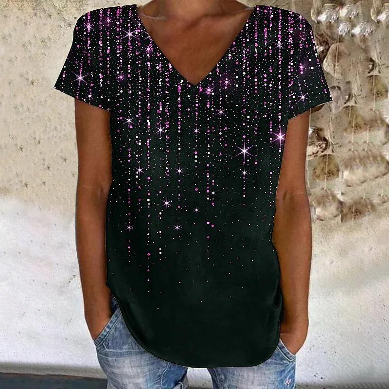 Women's T-shirt with Yellow Pink Blue Polka Dot Print Short Sleeved Casual Daily Rock V-neck T Shirts