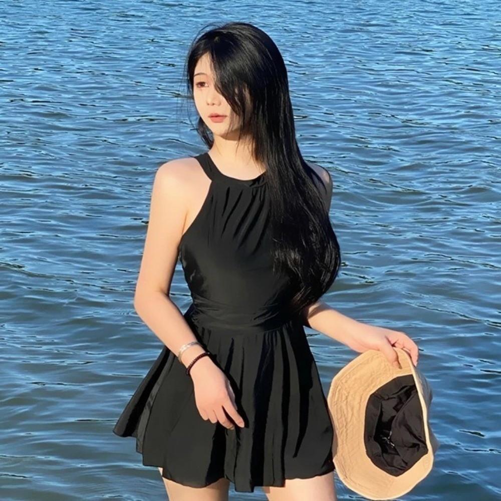 Pleated Backless Skirt Swimsuit Slim Fit Hot Spring Swimwear Sweet Hanging Neck Swimsuit Women