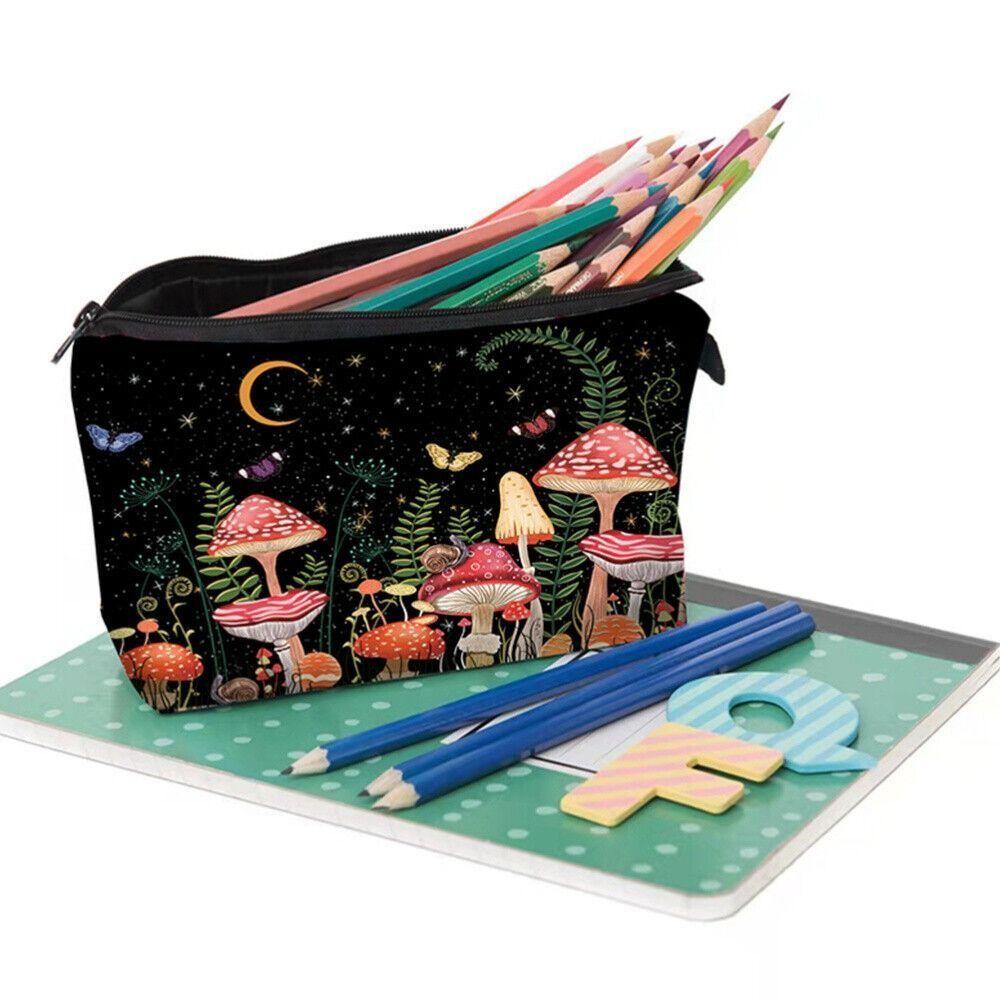Portable Mushroom Print Cosmetic Bag Polyester Zipper Travel Storage Bag Large Capacity Key Card Holder