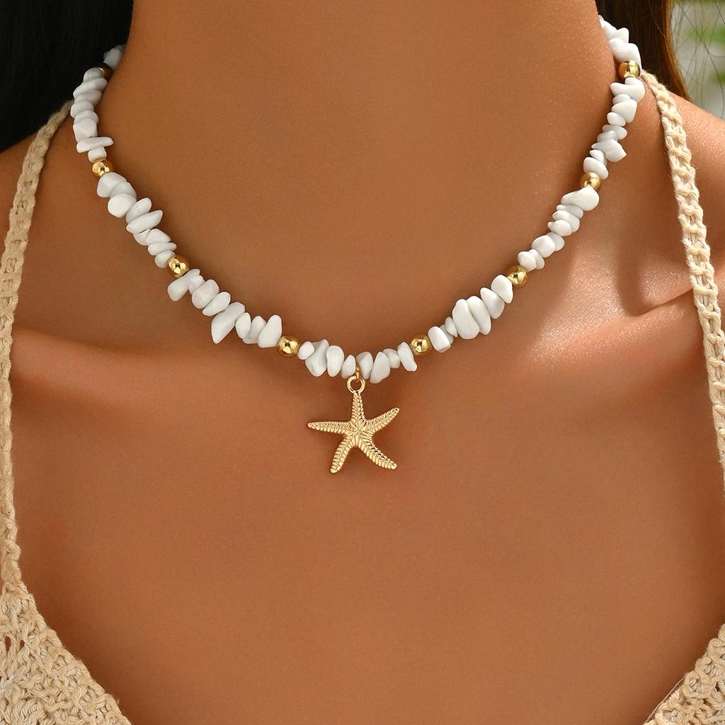 Chip Stone Choker Necklace for Women Starfish Pendant Boho Beach Adjustable Multicolor Summer Fashion Jewelry