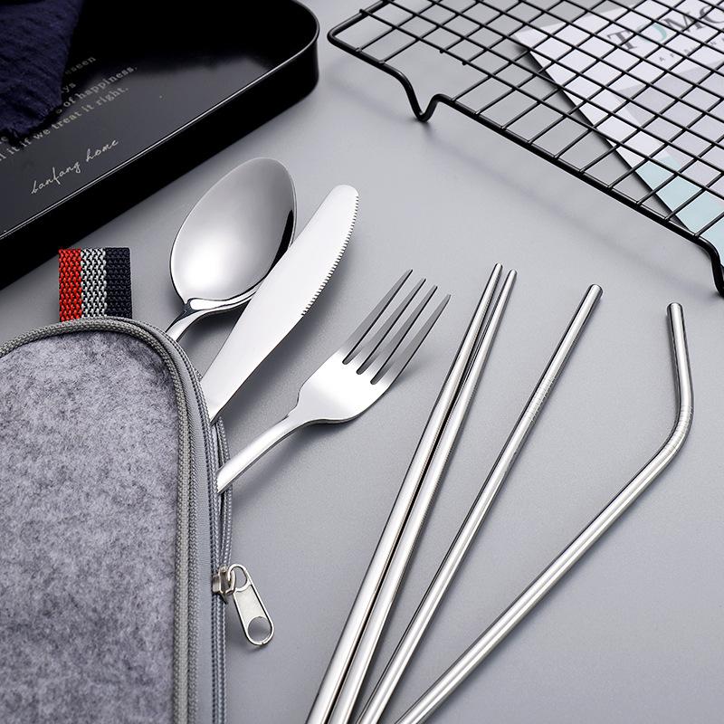 8Pcs Tableware Set Stainless Steel Spoon Fork Chopsticks Straw Cleaning Brush with Storage Case for Eco Friendly Outdoor Lunch
