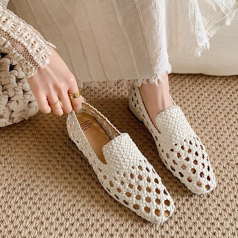 Fashion 2025 New Summer Comfortable Braided Sandals Women Low Thick Heels Slip on Casual Hollow Breathable Sandals Female Walk Shoes