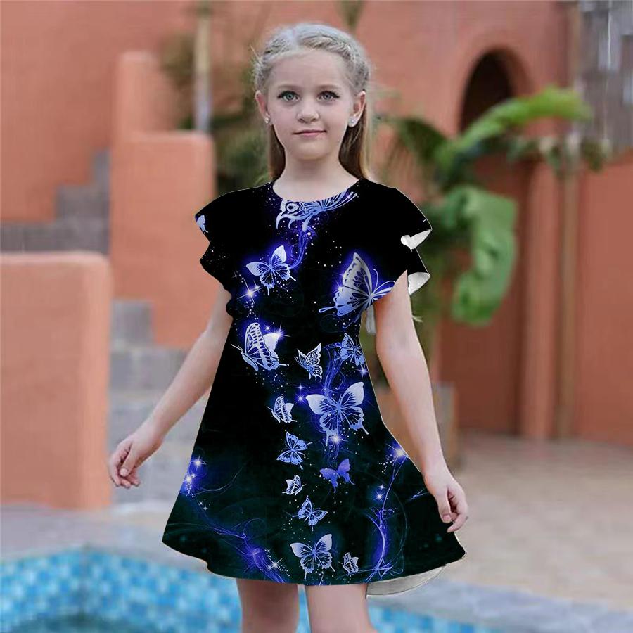

Блестящие платья с принтом бабочки для девочек. Детское праздничное платье для девочек. Свободный крой. Свободная юбка с короткими рукавами для девочек старше четырех лет. 180 синий
